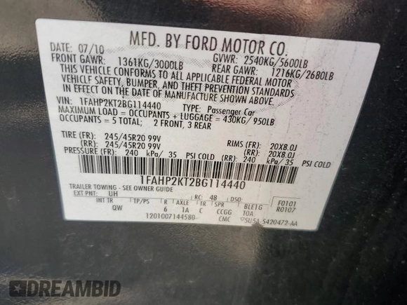 2011 Ford Taurus SHO with VIN 1FAHP2KT2BG114440, listed as a Copart auction lot 56431635 with 126,484 mi miles and Salvage title. Bid and sale history available at DreamBid. Image 13.