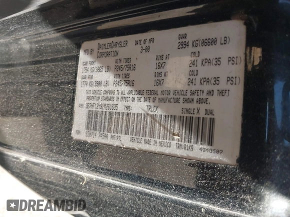 2001 Dodge 1500 with VIN 3B7HF13Y91M261635, listed as a IAAI auction lot 41131904 with 173,054 mi miles and . Bid and sale history available at DreamBid. Image 9.