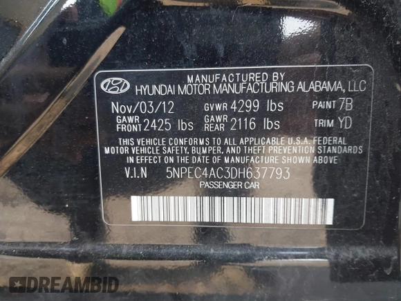 2013 Hyundai Sonata Limited with VIN 5NPEC4AC3DH637793, listed as a IAAI auction lot 41904674 with 175,763 mi miles and . Bid and sale history available at carsss.com. Image 9.