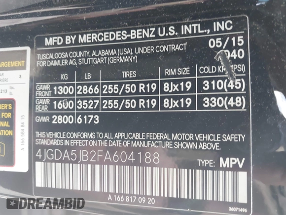 2015 Mercedes-Benz M 350 with VIN 4JGDA5JB2FA604188, listed as a IAAI auction lot 42544343 with 163,597 mi miles and . Bid and sale history available at DreamBid. Image 9.