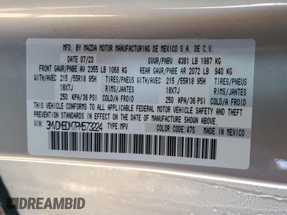 2023 Mazda CX-30 S Premium with VIN 3MVDMBDM7PM573224, listed as a Copart auction lot 85997854 with Not Provided miles and Salvage Title. Bid and sale history available at DreamBid. Image 12.