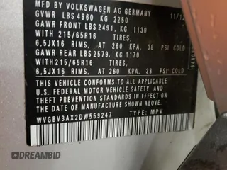 2013 Volkswagen Tiguan SE z VIN WVGBV3AX2DW559247, wystawiony jako Copart lot #57121375 z przebiegiem 171 171 mil mil oraz Czysty tytuł • Clean title. Historia ofert i sprzedaży dostępna na DreamBid. Obrazek 13.
