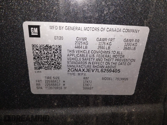 2020 Chevrolet Equinox LT with VIN 2GNAXJEV7L6259405, listed as a IAAI auction lot 41944814 with 66,044 mi miles and . Bid and sale history available at DreamBid. Image 9.