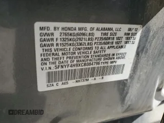 2012 Honda Pilot Touring with VIN 5FNYF4H9XCB084796, listed as a Copart auction lot 49319735 with 184,639 mi miles and Salvage Title. Bid and sale history available at DreamBid. Image 13.