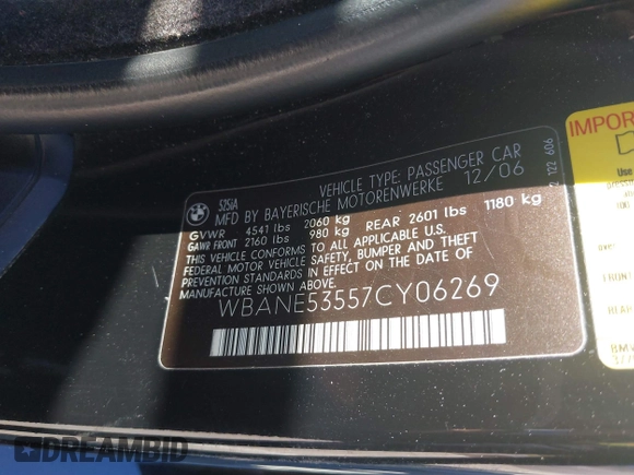 2007 BMW 5 Series 525i with VIN WBANE53557CY06269, listed as a IAAI auction lot 41841784 with 145,076 mi miles and . Bid and sale history available at carsss.com. Image 9.
