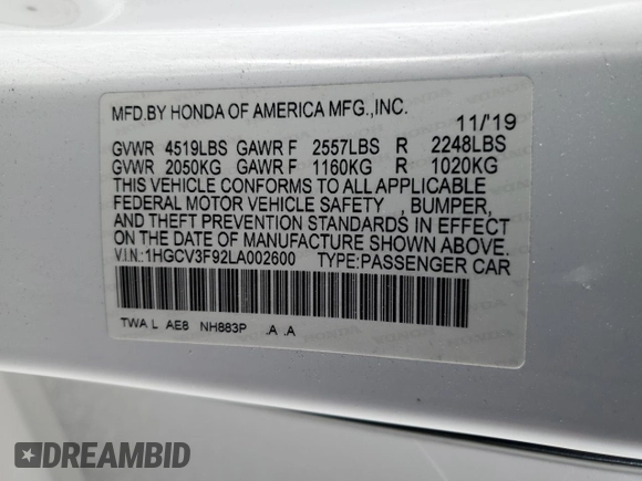 2020 Honda Accord Touring with VIN 1HGCV3F92LA002600, listed as a Copart auction lot 52506865 with 101,055 mi miles and Salvage title. Bid and sale history available at DreamBid. Image 13.