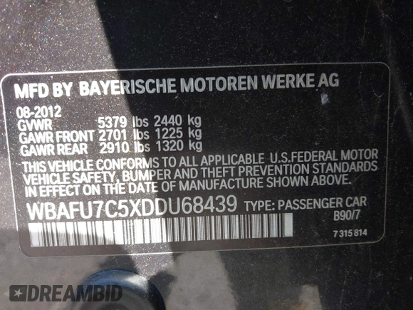 2013 BMW 5 Series 535i xDrive with VIN WBAFU7C5XDDU68439, listed as a IAAI auction lot 42376688 with 153,580 mi miles and . Bid and sale history available at DreamBid. Image 9.