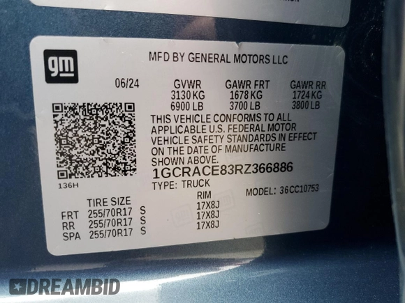 2024 Chevrolet Silverado 1500 with VIN 1GCRACE83RZ366886, listed as a Copart auction lot 55296925 with Not Provided miles and Salvage Title. Bid and sale history available at DreamBid. Image 12.