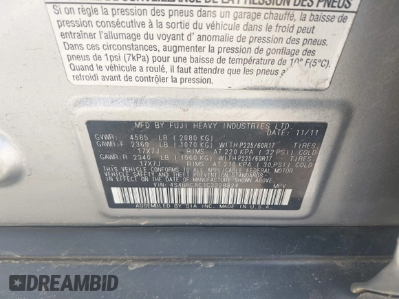 2012 Subaru Outback 2.5i with VIN 4S4BRCAC1C3228824, listed as a IAAI auction lot 42522122 with 184,049 mi miles and . Bid and sale history available at DreamBid. Image 9.