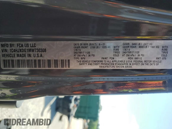 2021 Jeep Wrangler Unlimited Sport S with VIN 1C4HJXDG1MW730308, listed as a Copart auction lot 56921685 with 28,391 mi miles and Salvage title. Bid and sale history available at DreamBid. Image 13.