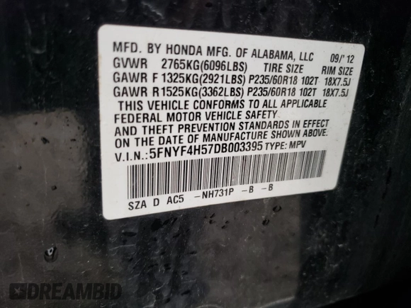 2013 Honda Pilot EX-L z VIN 5FNYF4H57DB003395, wystawiony jako Copart lot #55129895 z przebiegiem Nie podano mil oraz Czysty tytuł • Clean title. Historia ofert i sprzedaży dostępna na DreamBid. Obrazek 12.