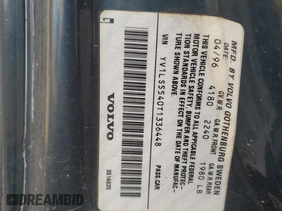 1996 Volvo 850 GT с VIN YV1LS5540T1336448, выставлен на аукционе Copart как лот 78573834 с пробегом 414 656 миль миль и Списание • Salvage title. История ставок и продаж доступна на DreamBid. Изображение 12.
