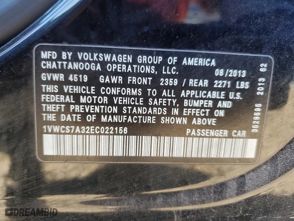 2014 Volkswagen Passat SEL Premium with VIN 1VWCS7A32EC022156, listed as a Copart auction lot 85029894 with 170,909 mi miles and Clean Title. Bid and sale history available at carsss.com. Image 12.