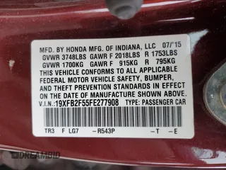 2015 Honda Civic LX with VIN 19XFB2F55FE277908, listed as a Copart auction lot 59077815 with 115,365 mi miles and Salvage title. Bid and sale history available at DreamBid. Image 13.