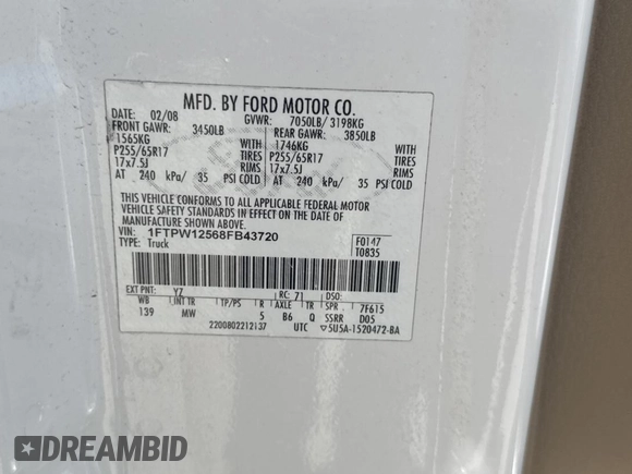 2008 Ford F-150 XLT with VIN 1FTPW12568FB43720, listed as a Copart auction lot 62142215 with 1,873,193 mi miles and Clean title. Bid and sale history available at DreamBid. Image 10.
