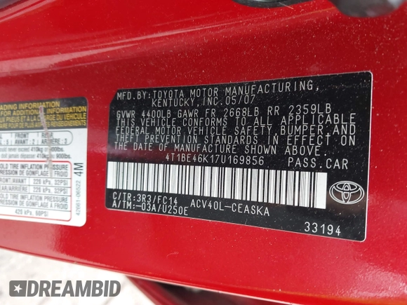 2007 Toyota Camry CE with VIN 4T1BE46K17U169856, listed as a IAAI auction lot 42198053 with 224,444 mi miles and . Bid and sale history available at DreamBid. Image 9.