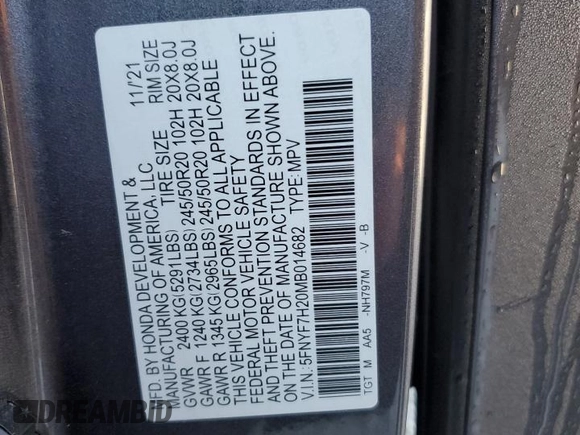 2021 Honda Passport Sport с VIN 5FNYF7H20MB014682, выставлен на аукционе Copart как лот 81172074 с пробегом 36 420 миль миль и Списание • Salvage title. История ставок и продаж доступна на DreamBid. Изображение 15.