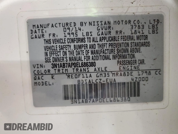 2014 Nissan Sentra SV with VIN 3N1AB7AP0EL686380, listed as a Copart auction lot 56187595 with 115,738 mi miles and Clean Title. Bid and sale history available at DreamBid. Image 12.