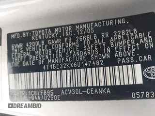 2006 Toyota Camry STD with VIN 4T1BE32KX6U147482, listed as a IAAI auction lot 42244982 with 172,670 mi miles and . Bid and sale history available at DreamBid. Image 9.