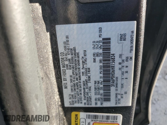 2017 Ford Fusion SE z VIN 3FA6P0HD6HR156834, wystawiony jako Copart lot #55144955 z przebiegiem 114 497 mil mil oraz Szkoda całkowita • Salvage title. Historia ofert i sprzedaży dostępna na DreamBid. Obrazek 12.