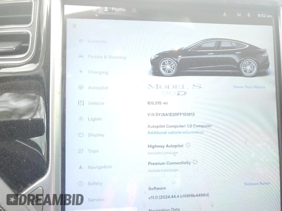 2015 Tesla Model S 85D with VIN 5YJSA1E20FF101913, listed as a Copart auction lot 49706935 with 109,515 mi miles and Salvage Title. Bid and sale history available at carsss.com. Image 9.