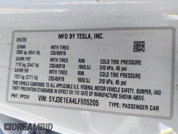 2020 Tesla Model 3 Standard Range Plus with VIN 5YJ3E1EA4LF805205, listed as a IAAI auction lot 41850744 with Not Provided miles. Bid and sale history available at carsss.com. Image 9.