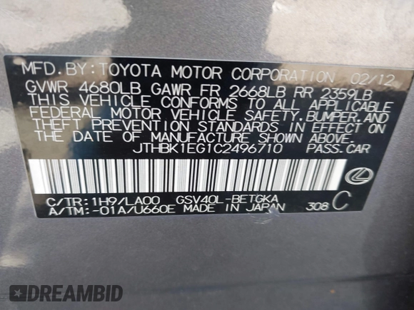 2012 Lexus ES 330 with VIN JTHBK1EG1C2496710, listed as a IAAI auction lot 42015175 with 141,890 mi miles and . Bid and sale history available at DreamBid. Image 9.