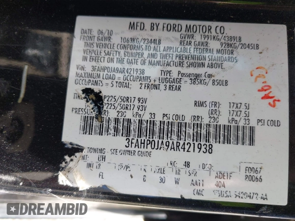 2010 Ford Fusion SEL with VIN 3FAHP0JA9AR421938, listed as a IAAI auction lot 42086265 with 158,388 mi miles. Bid and sale history available at carsss.com. Image 9.
