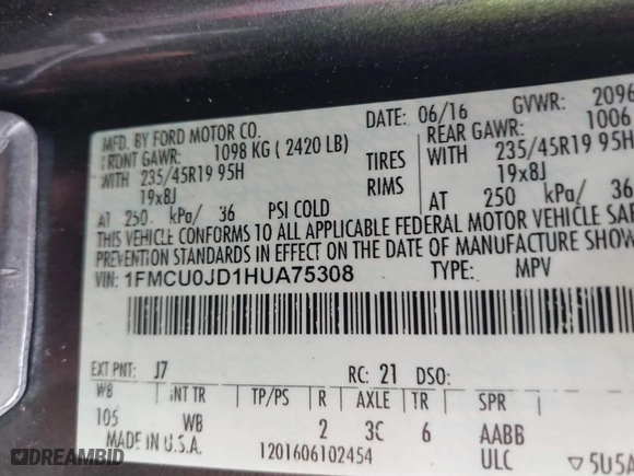2017 Ford Escape Titanium with VIN 1FMCU0JD1HUA75308, listed as a IAAI auction lot 41966334 with 129,044 mi miles. Bid and sale history available at carsss.com. Image 9.