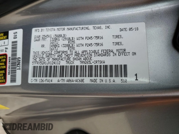 2018 Toyota Tacoma SR with VIN 5TFRX5GN1JX124112, listed as a Copart auction lot 50596975 with 57,587 mi miles and Salvage Title. Bid and sale history available at DreamBid. Image 15.