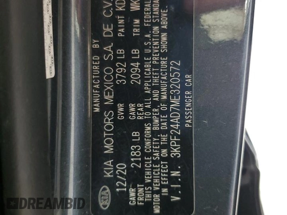 2021 Kia Forte FE with VIN 3KPF24AD7ME320572, listed as a Copart auction lot 55039795 with 65,374 mi miles and Salvage title. Bid and sale history available at DreamBid. Image 12.