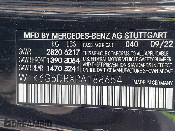 2023 Mercedes-Benz S 500 with VIN W1K6G6DBXPA188654, listed as a IAAI auction lot 41378553 with 31,580 mi miles and . Bid and sale history available at DreamBid. Image 9.