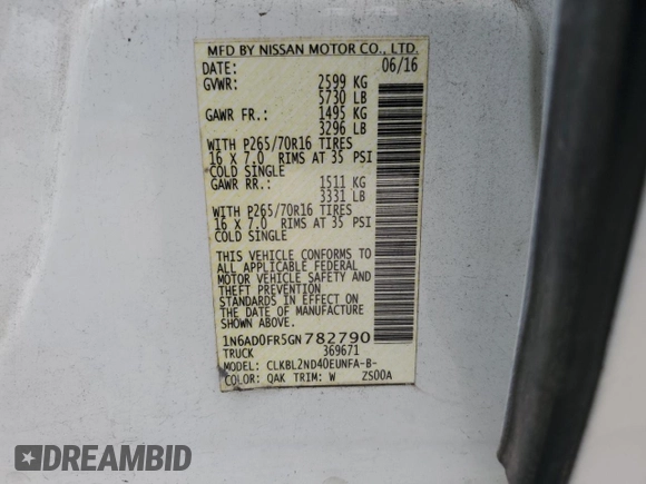 2016 Nissan Frontier SV with VIN 1N6AD0FR5GN782790, listed as a Copart auction lot 41538735 with Not provided miles and Salvage title. Bid and sale history available at DreamBid. Image 13.