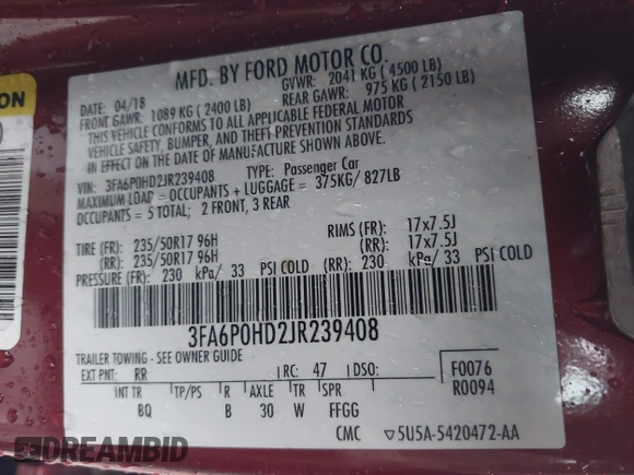 2018 Ford Fusion SE with VIN 3FA6P0HD2JR239408, listed as a IAAI auction lot 40846529 with 56,451 mi miles. Bid and sale history available at carsss.com. Image 9.