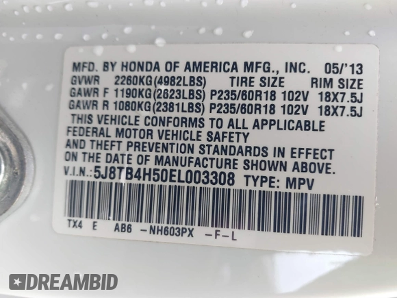 2014 Acura RDX Technology with VIN 5J8TB4H50EL003308, listed as a IAAI auction lot 40911106 with 79,178 mi miles and . Bid and sale history available at DreamBid. Image 9.