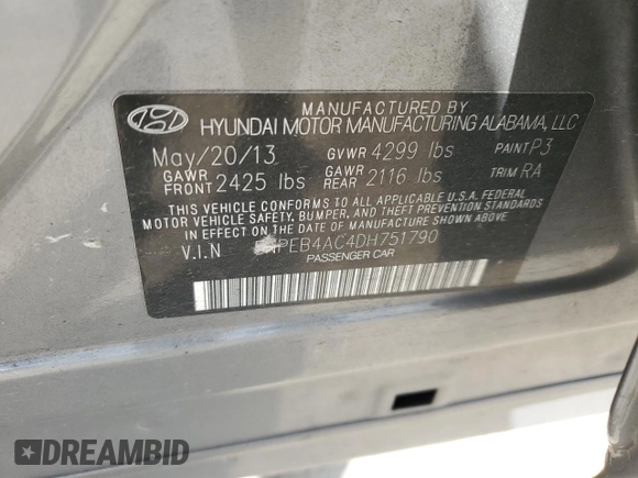 2013 Hyundai Sonata GLS with VIN 5NPEB4AC4DH751790, listed as a Copart auction lot 54419285 with 91,728 mi miles and Salvage Title. Bid and sale history available at carsss.com. Image 13.