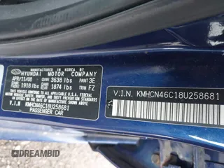 2008 Hyundai Accent GLS with VIN KMHCN46C18U258681, listed as a IAAI auction lot 41849018 with 73,398 mi miles. Bid and sale history available at carsss.com. Image 9.