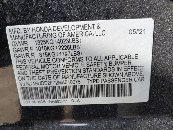 2021 Acura ILX w/Premium Package with VIN 19UDE2F72MA010078, listed as a IAAI auction lot 41407921 with 83,290 mi miles. Bid and sale history available at carsss.com. Image 9.