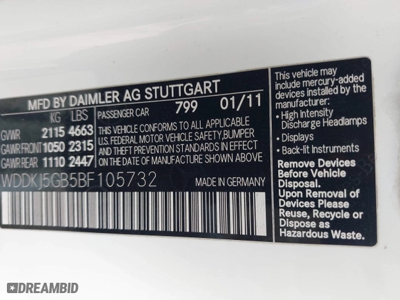 2011 Mercedes-Benz E-Class E 350 with VIN WDDKJ5GB5BF105732, listed as a IAAI auction lot 41465488 with 169,086 mi miles. Bid and sale history available at carsss.com. Image 9.