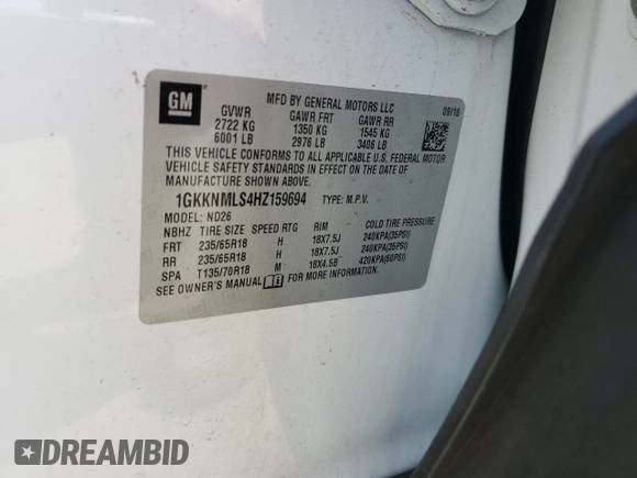 2017 GMC Acadia SLT with VIN 1GKKNMLS4HZ159694, listed as a Copart auction lot 61877925 with 89,212 mi miles and Salvage title. Bid and sale history available at DreamBid. Image 13.