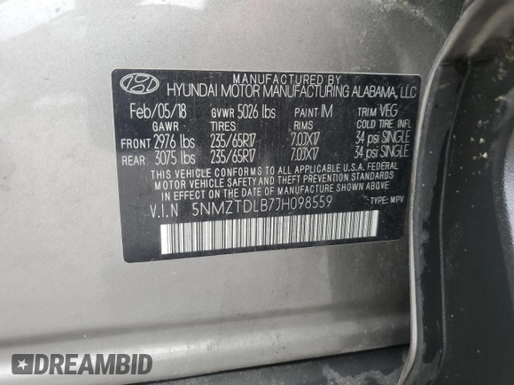 2018 Hyundai Santa Fe 2.4L z VIN 5NMZTDLB7JH098559, wystawiony jako Copart lot #56868005 z przebiegiem 197 233 mil mil oraz Czysty tytuł • Clean title. Historia ofert i sprzedaży dostępna na DreamBid. Obrazek 13.