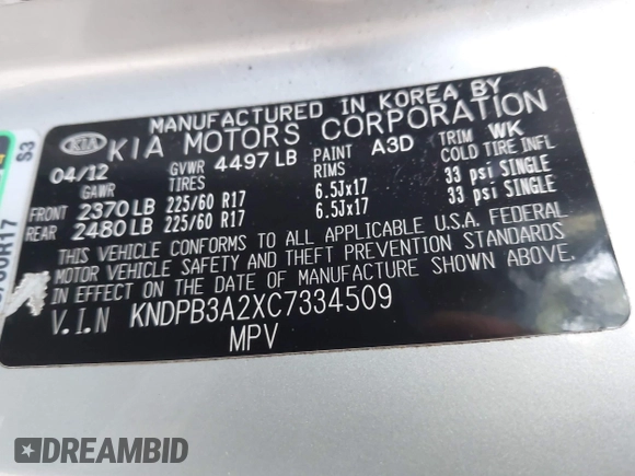 2012 Kia Sportage LX with VIN KNDPB3A2XC7334509, listed as a IAAI auction lot 42441009 with 253,302 mi miles and . Bid and sale history available at DreamBid. Image 9.