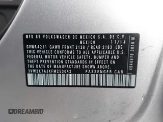 2015 Volkswagen Jetta S с VIN 3VW2K7AJXFM253042, выставлен на аукционе IAAI как лот 41935515 с пробегом 160 574 миль миль и . История ставок и продаж доступна на DreamBid. Изображение 9.