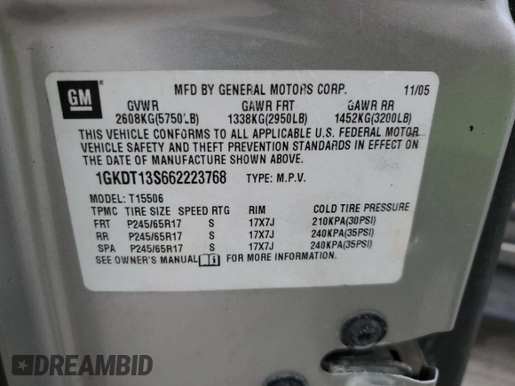 2006 GMC Envoy SLE with VIN 1GKDT13S662223768, listed as a Copart auction lot 55026335 with 149,787 mi miles and Salvage title. Bid and sale history available at DreamBid. Image 13.