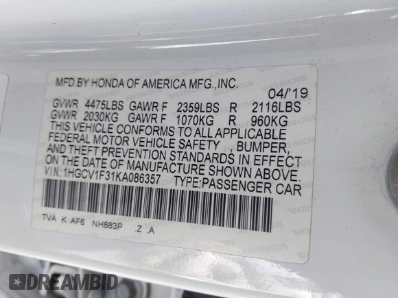 2019 Honda Accord Sedan Sport 1.5T with VIN 1HGCV1F31KA086357, listed as a IAAI auction lot 41801323 with Not Provided miles. Bid and sale history available at carsss.com. Image 9.