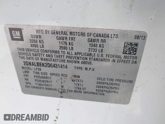 2013 Chevrolet Equinox LS z VIN 2GNALBEK2D6431414, wystawiony jako IAAI lot #42146069 z przebiegiem 118 990 mil mil oraz . Historia ofert i sprzedaży dostępna na DreamBid. Obrazek 9.