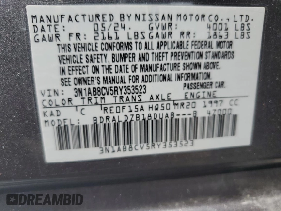 2024 Nissan Sentra SV with VIN 3N1AB8CV5RY353523, listed as a Copart auction lot 65002595 with 5,046 mi miles and Salvage title. Bid and sale history available at DreamBid. Image 12.
