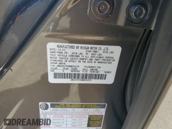 2008 Infiniti M с VIN JNKAY01FX8M650215, выставлен на аукционе Copart как лот 61283625 с пробегом 105 562 миль миль и Списание • Salvage title. История ставок и продаж доступна на DreamBid. Изображение 12.