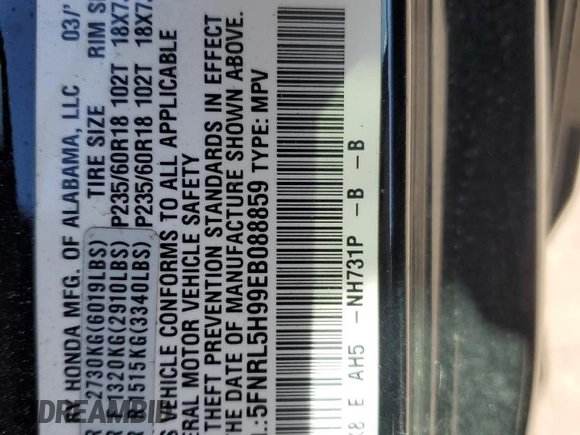 2014 Honda Odyssey Touring with VIN 5FNRL5H99EB088859, listed as a Copart auction lot 54828555 with 147,147 mi miles and Salvage Title. Bid and sale history available at DreamBid. Image 13.