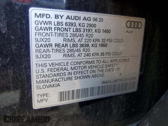 2020 Audi Q7 Premium Plus with VIN WA1LJAF70LD012239, listed as a Copart auction lot 48471485 with 70,916 mi miles and Salvage title. Bid and sale history available at DreamBid. Image 13.